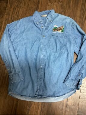Fred Harvey Light Blue Denim Button-Down Shirt El Tovar Grand Canyon Embroidered